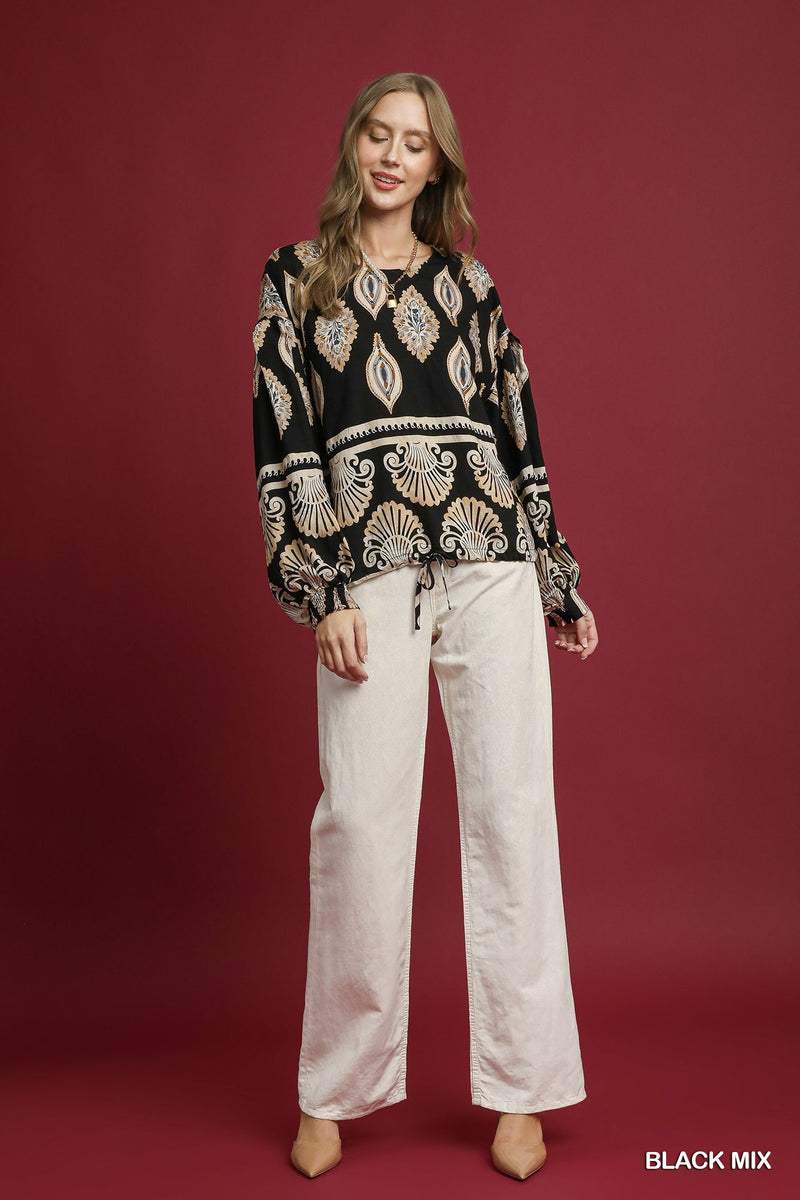 Kehlani Boho Print Blouse, Black Mix