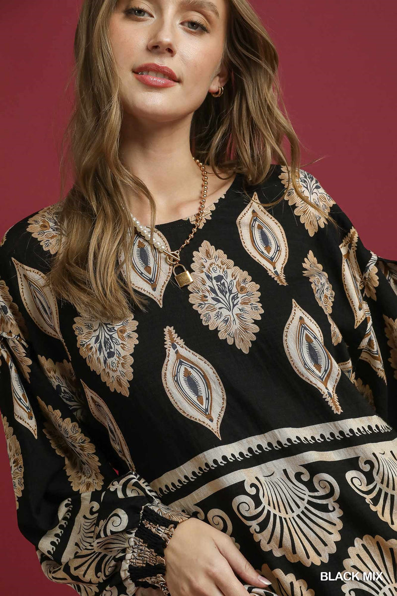 Kehlani Boho Print Blouse, Black Mix