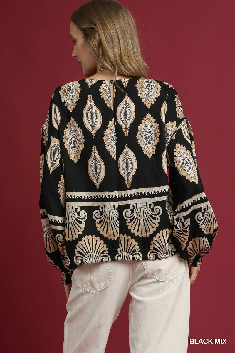 Kehlani Boho Print Blouse, Black Mix