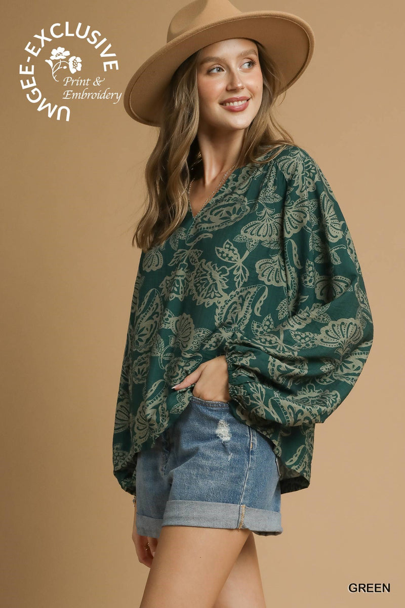 Ariella Balloon Sleeve Blouse, Green