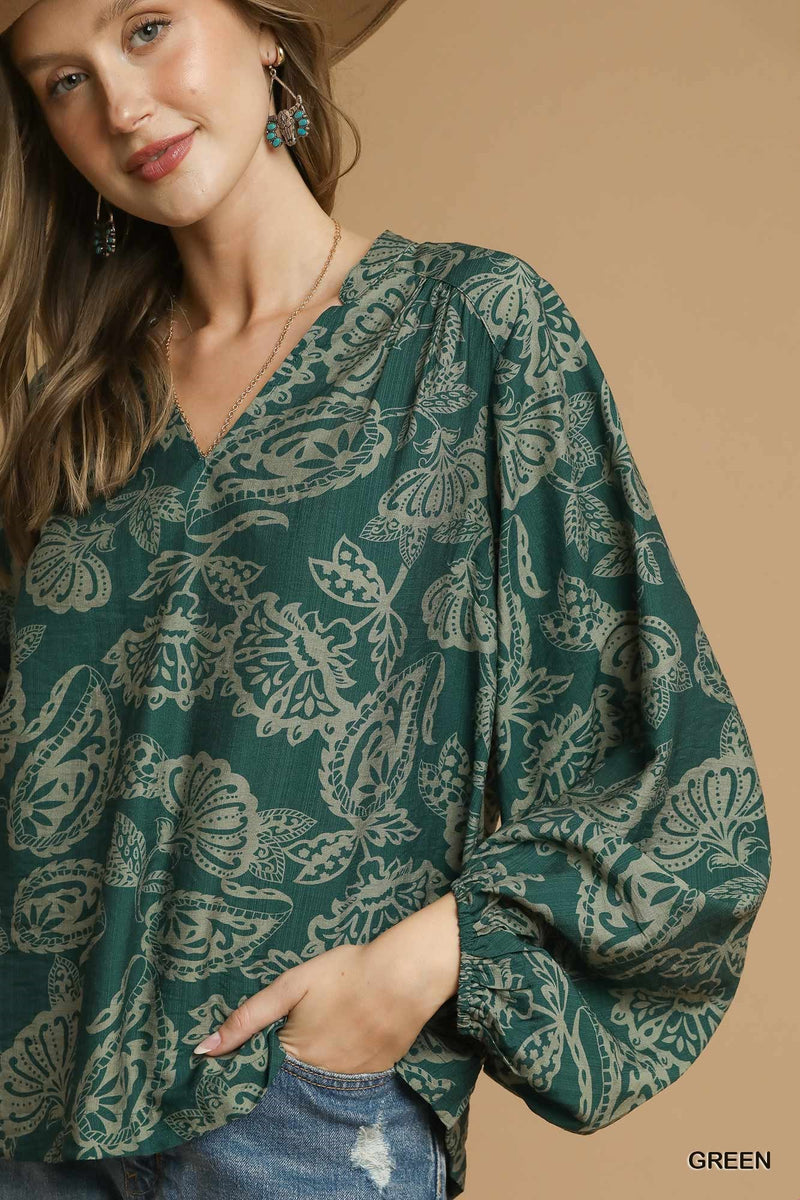 Ariella Balloon Sleeve Blouse, Green