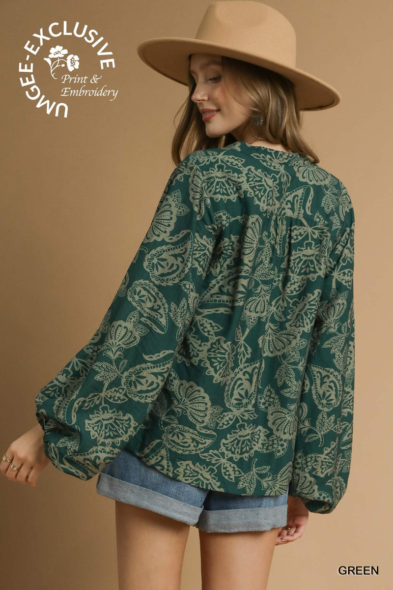 Ariella Balloon Sleeve Blouse, Green