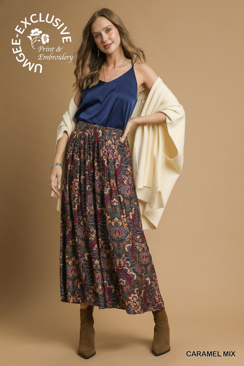 Ariah Printed Elastic Waist Pants, Caramel Mix