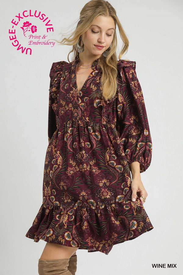 Kylie Printed Ruffle Detailed Dress, Wine Mix
