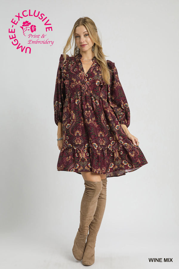 Kylie Printed Ruffle Detailed Dress, Wine Mix