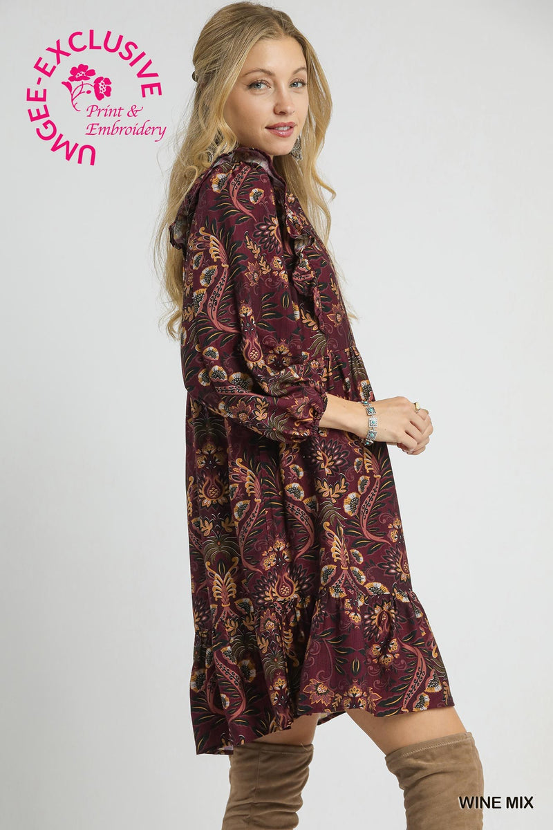 Kylie Printed Ruffle Detailed Dress, Wine Mix