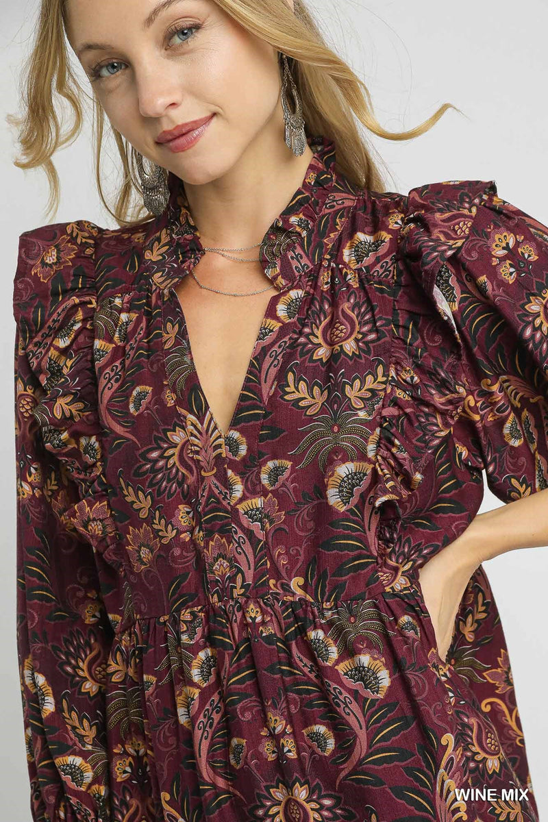 Kylie Printed Ruffle Detailed Dress, Wine Mix