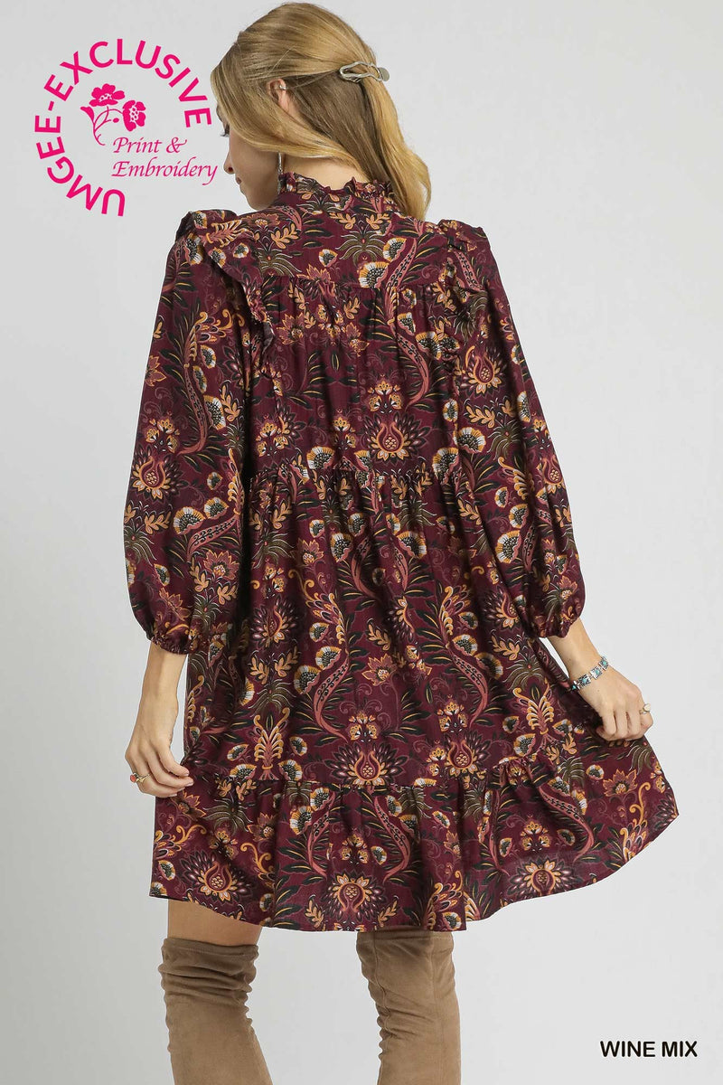 Kylie Printed Ruffle Detailed Dress, Wine Mix