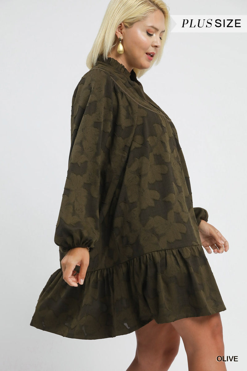 Arlette Jacquard Ruffle Detail Dress, Olive | Plus Size