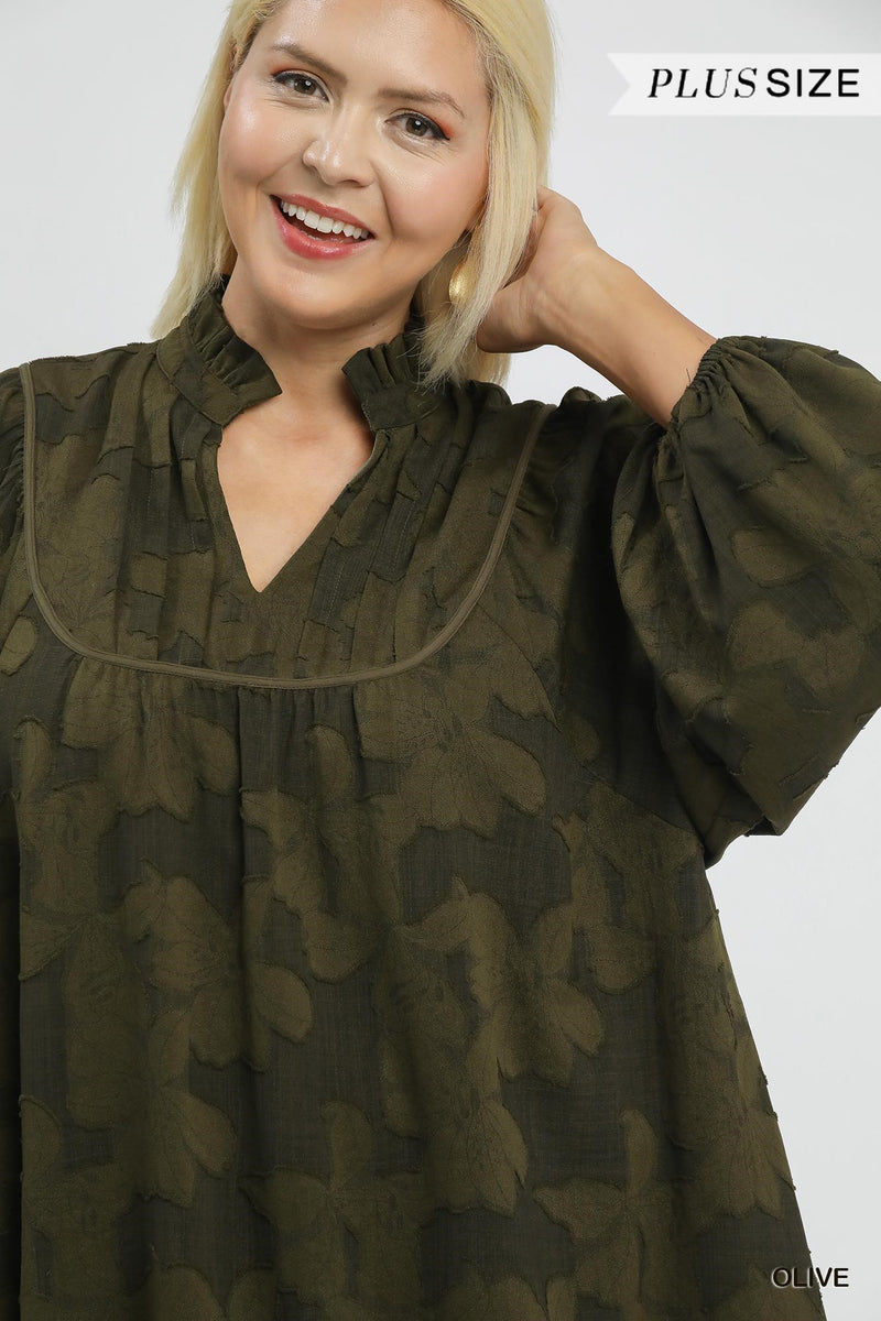 Arlette Jacquard Ruffle Detail Dress, Olive | Plus Size
