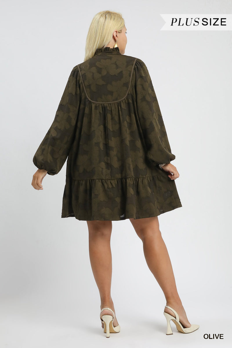Arlette Jacquard Ruffle Detail Dress, Olive | Plus Size