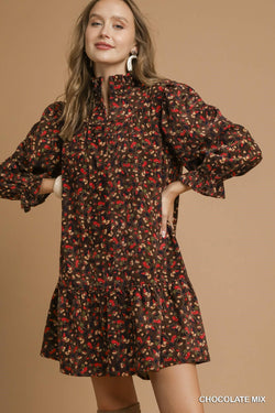 Arianna Corduroy Printed Dress, Chocolate Mix