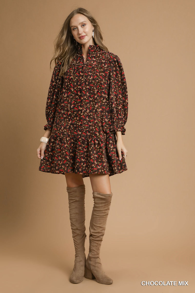 Arianna Corduroy Printed Dress, Chocolate Mix