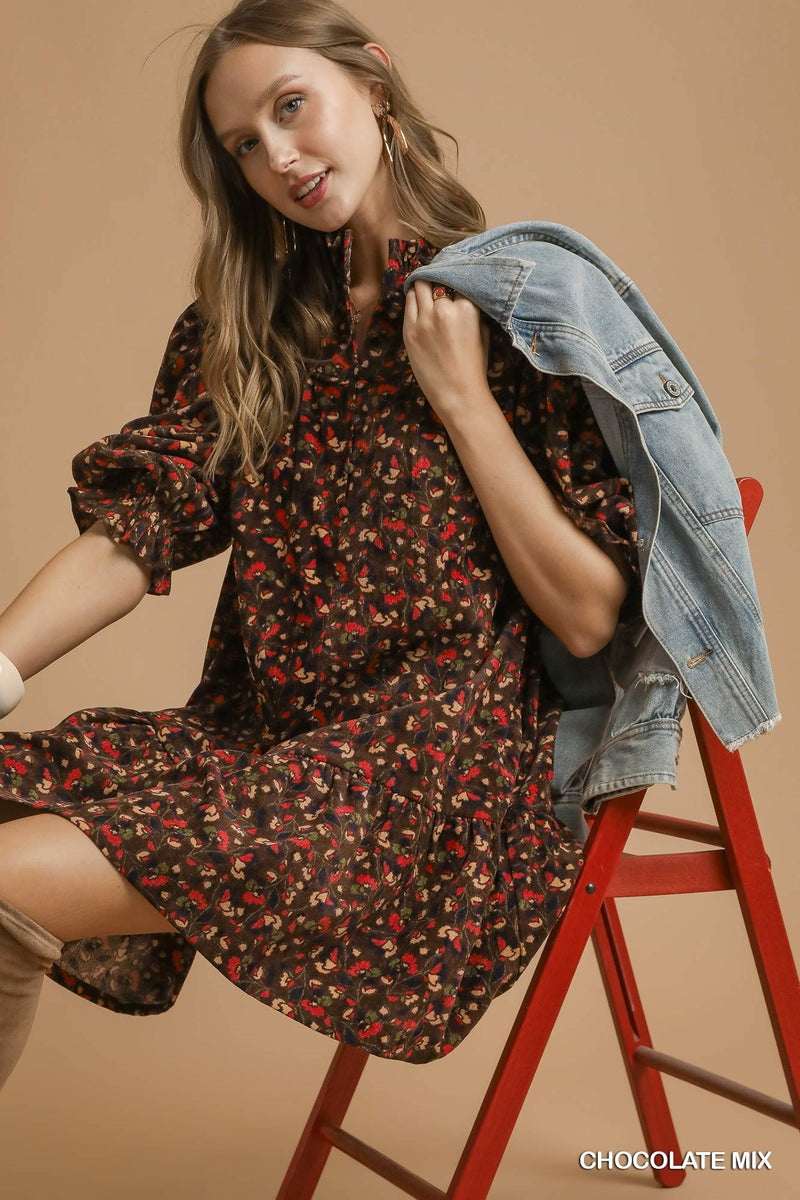 Arianna Corduroy Printed Dress, Chocolate Mix