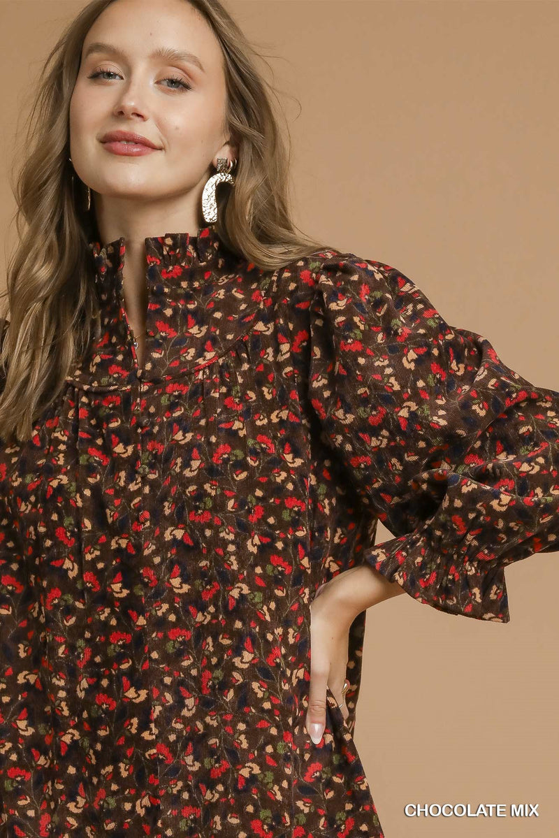 Arianna Corduroy Printed Dress, Chocolate Mix