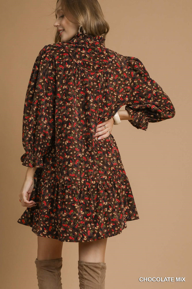 Arianna Corduroy Printed Dress, Chocolate Mix