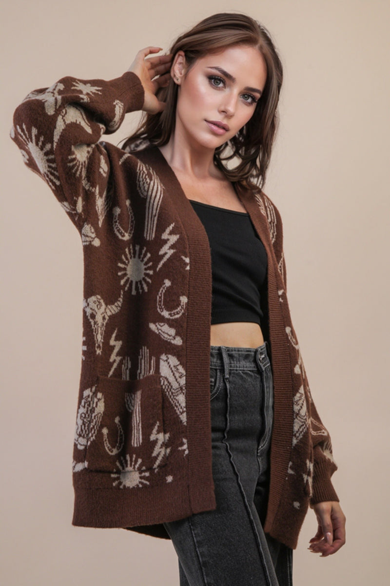 Alina Oversized Western Print Cardigan, Chocolate