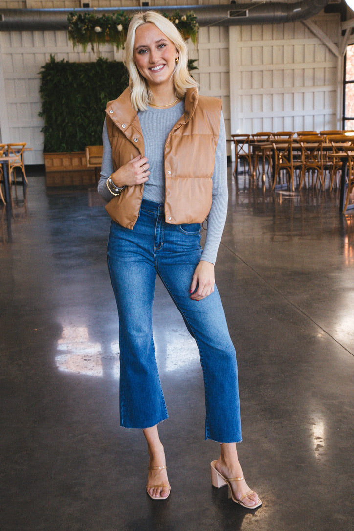 Vivian Faux Leather Cropped Puffer Vest, Camel