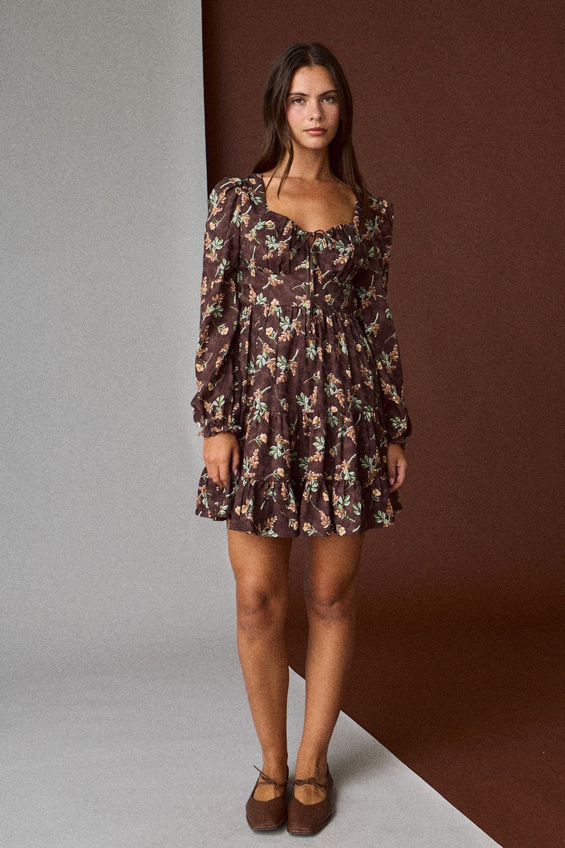Tiff Floral Mini Dress, Brown