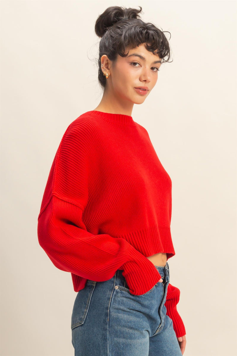 Camila Round Neck Cropped Sweater, Red