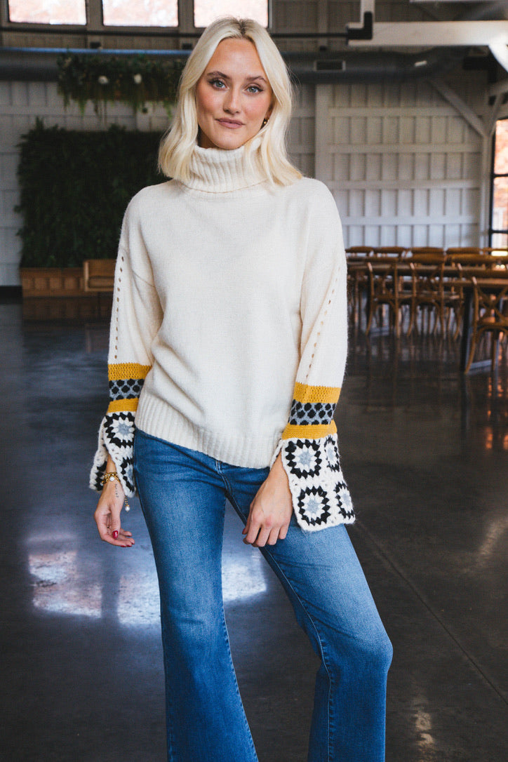 Lina Crochet Sleeve Turtleneck Sweater, Ivory