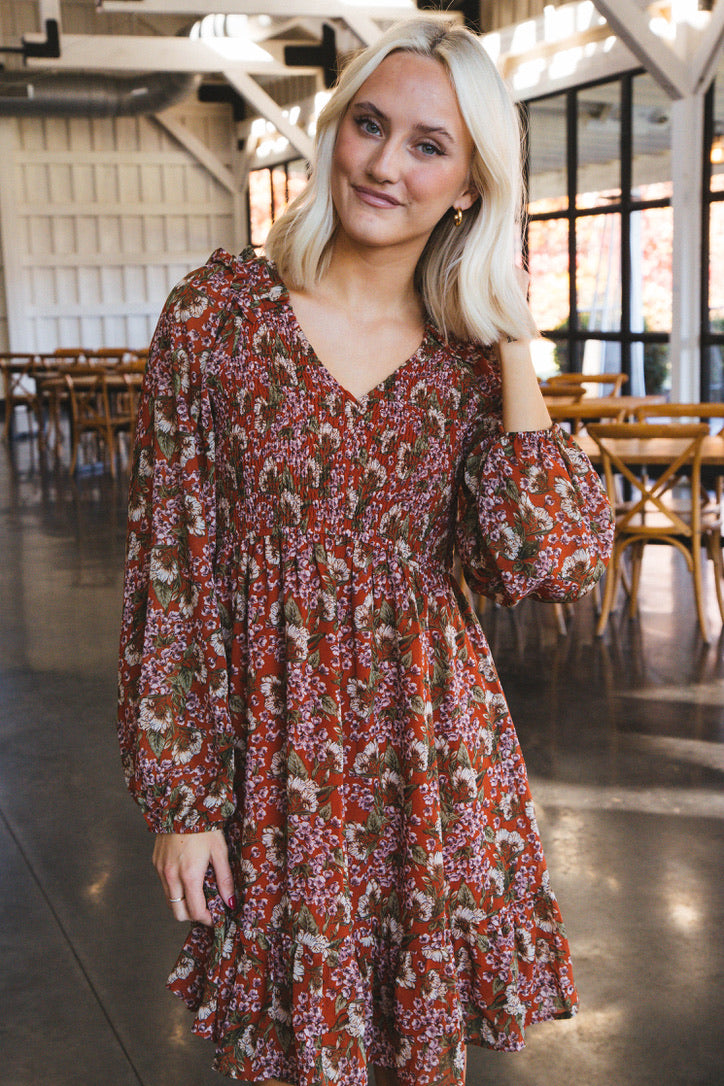 Myra Floral Smocked Bodice Dress, Rust