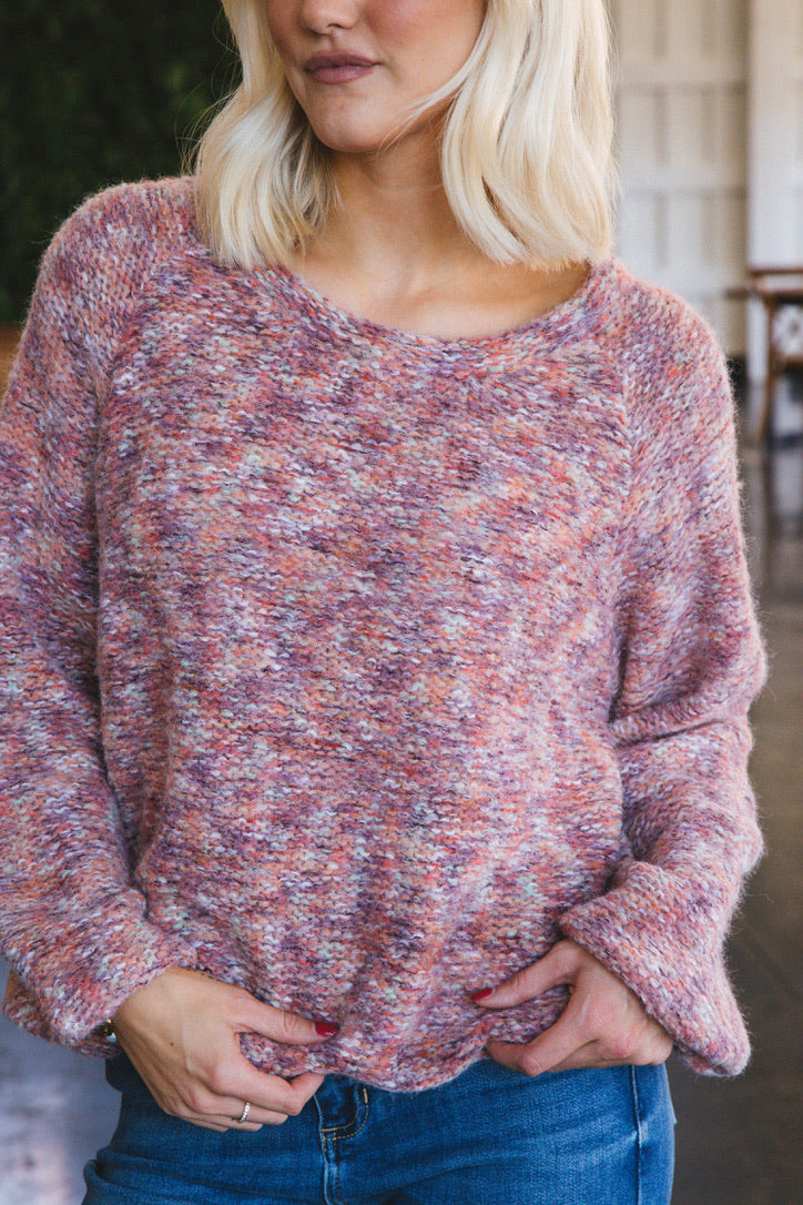 Lyla Round Neck Knit Sweater, Wine Multi