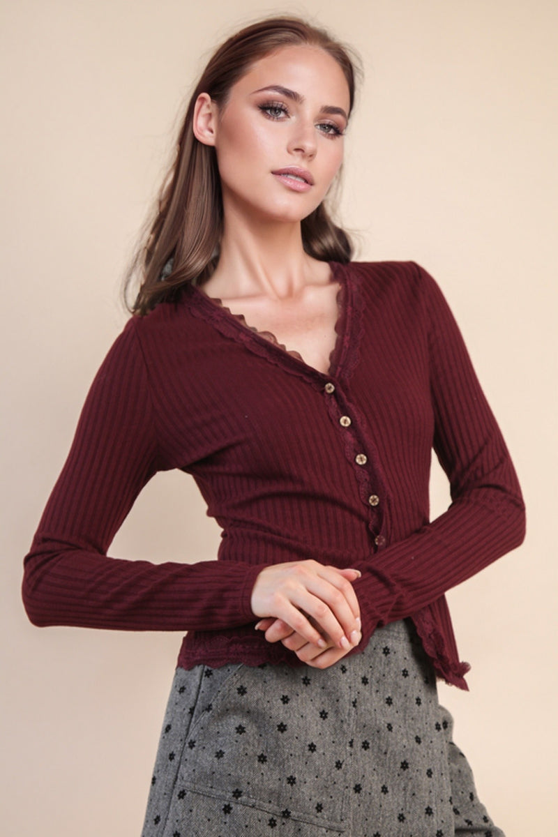 Kendra Lace Trim Knit Top, Wine