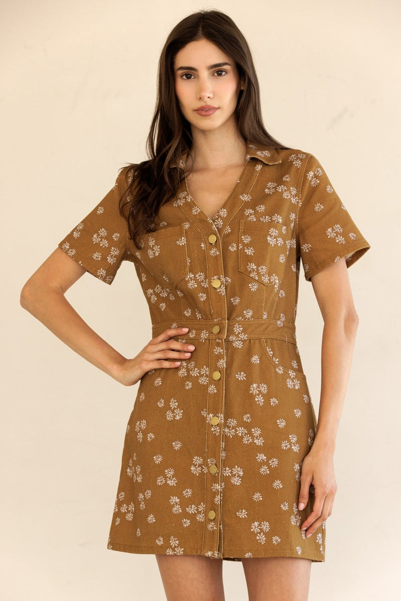 Susannah Collared Shirt Dress, Dark Mustard/Ivory Floral