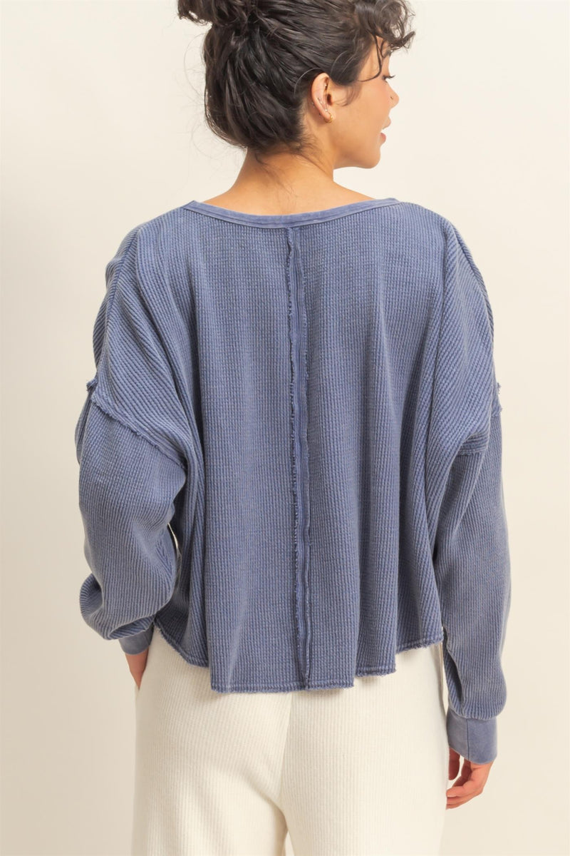 Marlowe Boat Neck Raw Edge Top, Dusty Indigo