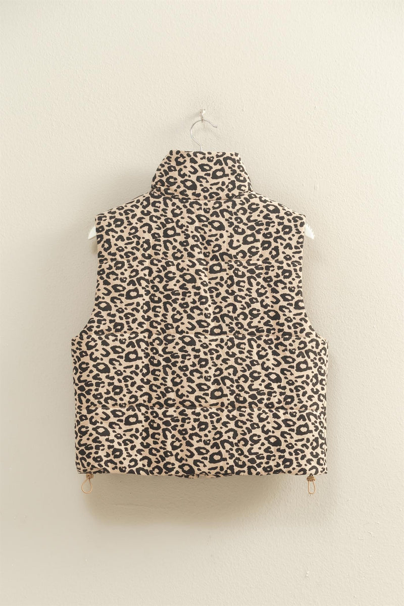 Caroline Leopard Print Puffer Vest, Khaki
