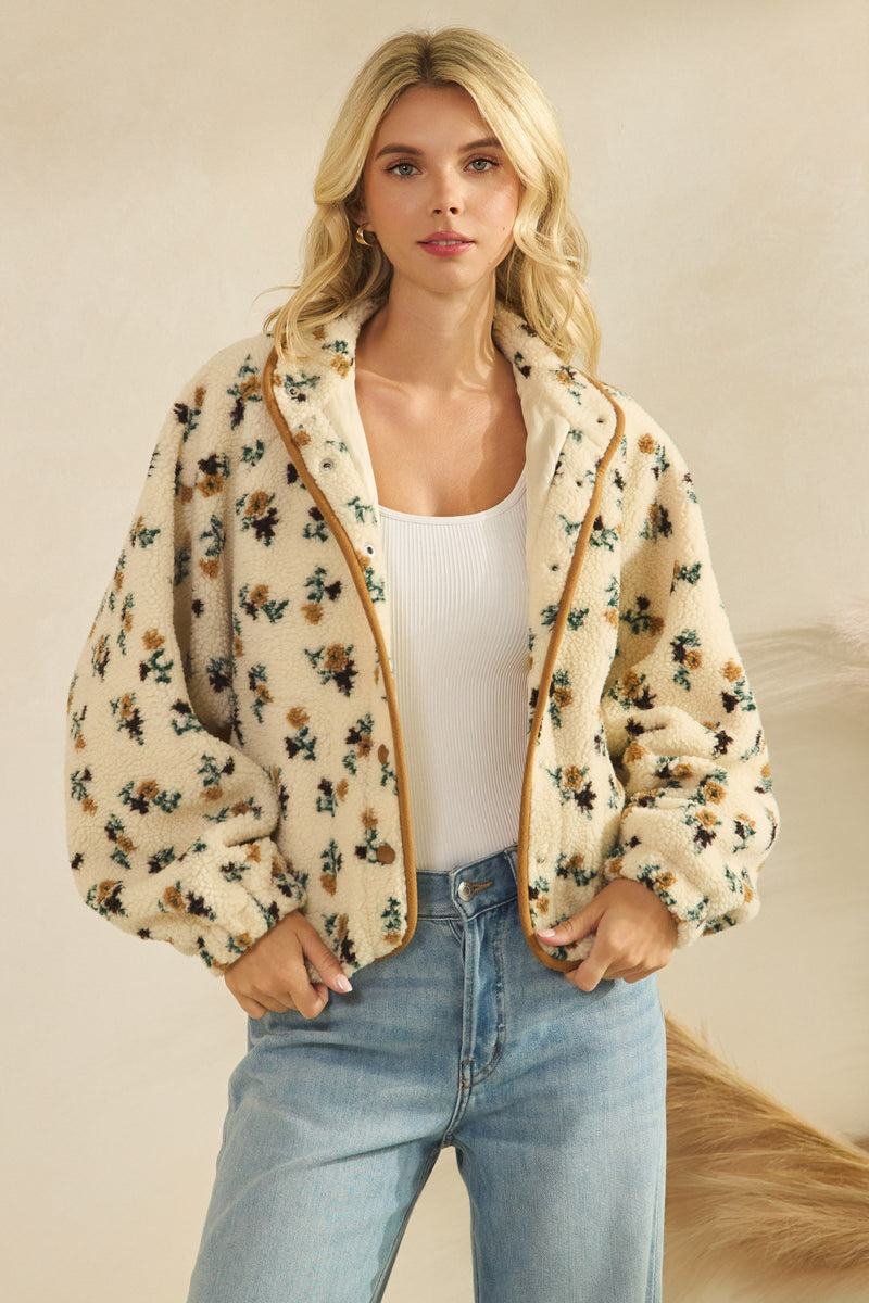 Flora Printed Sherpa Jacket, Brown