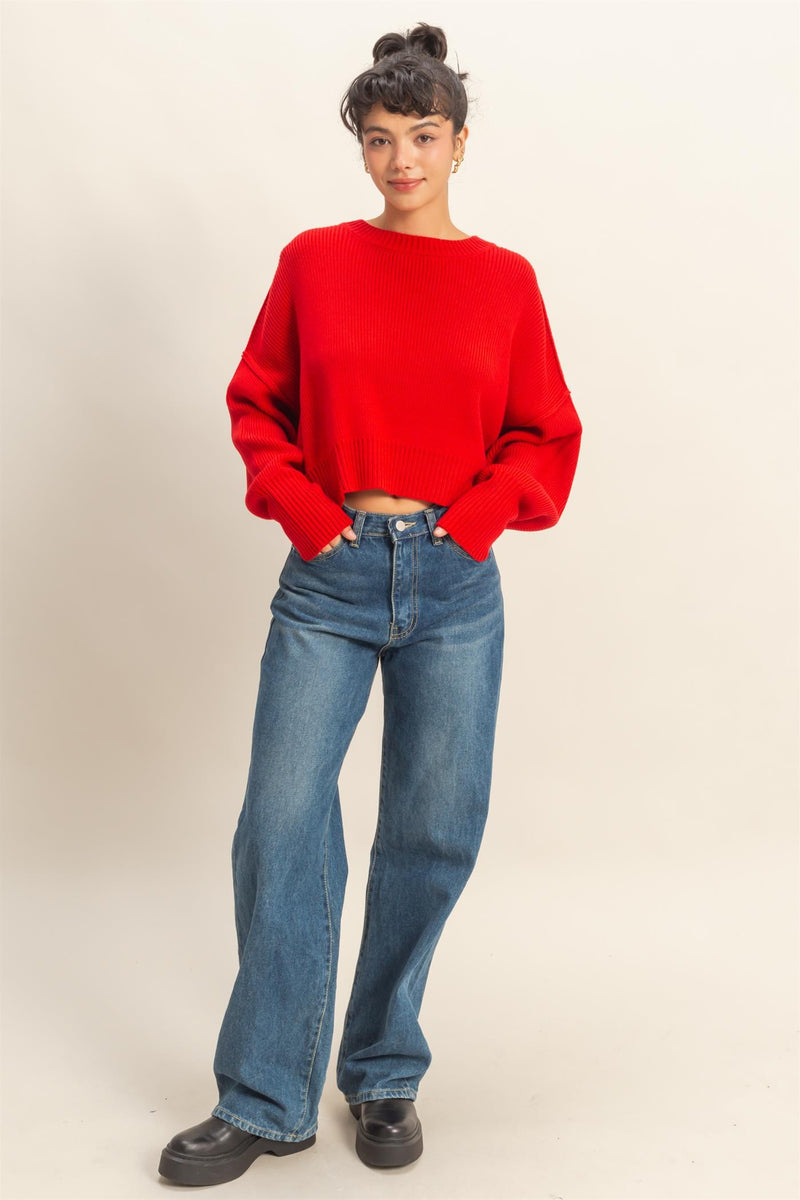 Camila Round Neck Cropped Sweater, Red