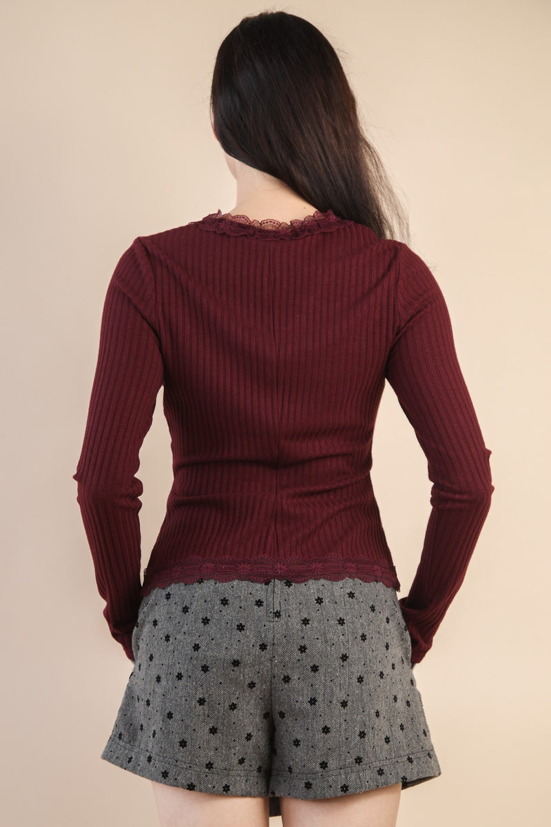 Kendra Lace Trim Knit Top, Wine