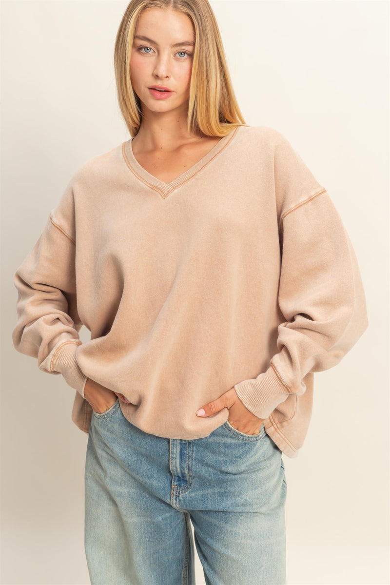 Melody Oversized V-Neck Sweatshirt, Dark Taupe