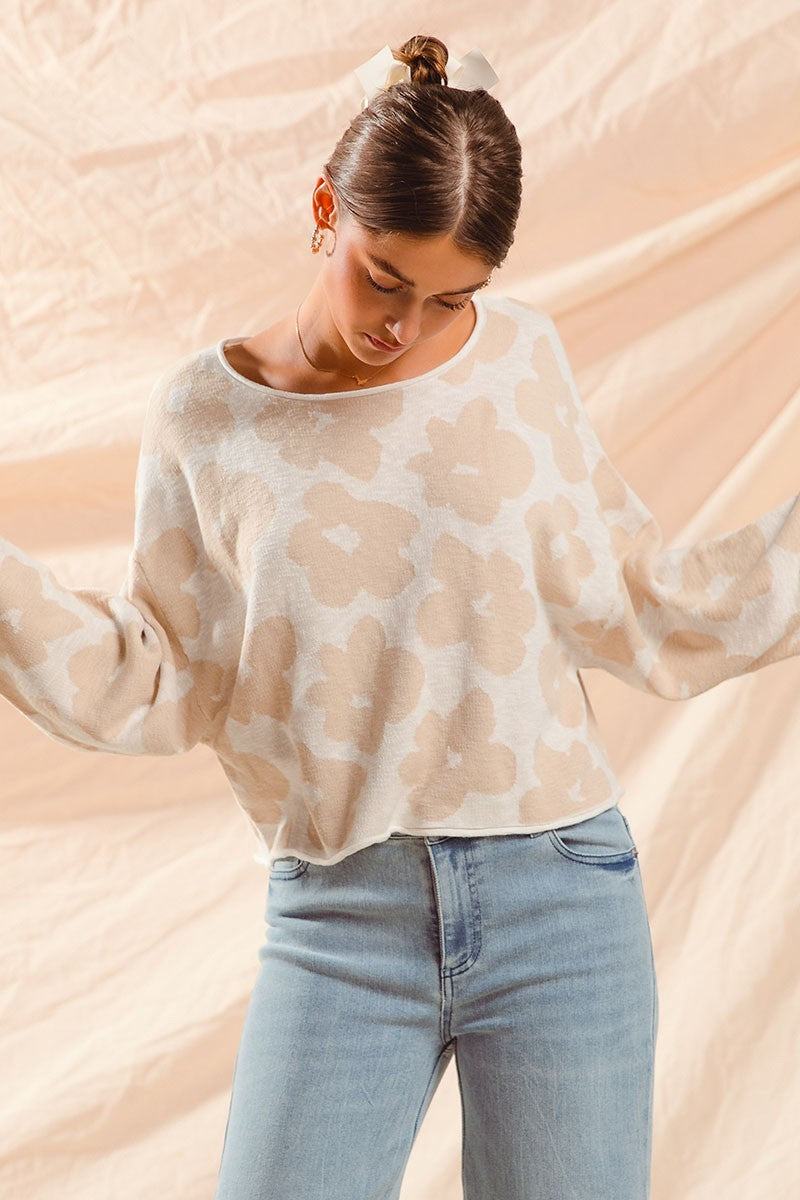 Shiloh Loose Fit Flower Sweater, Oatmeal/Ivory