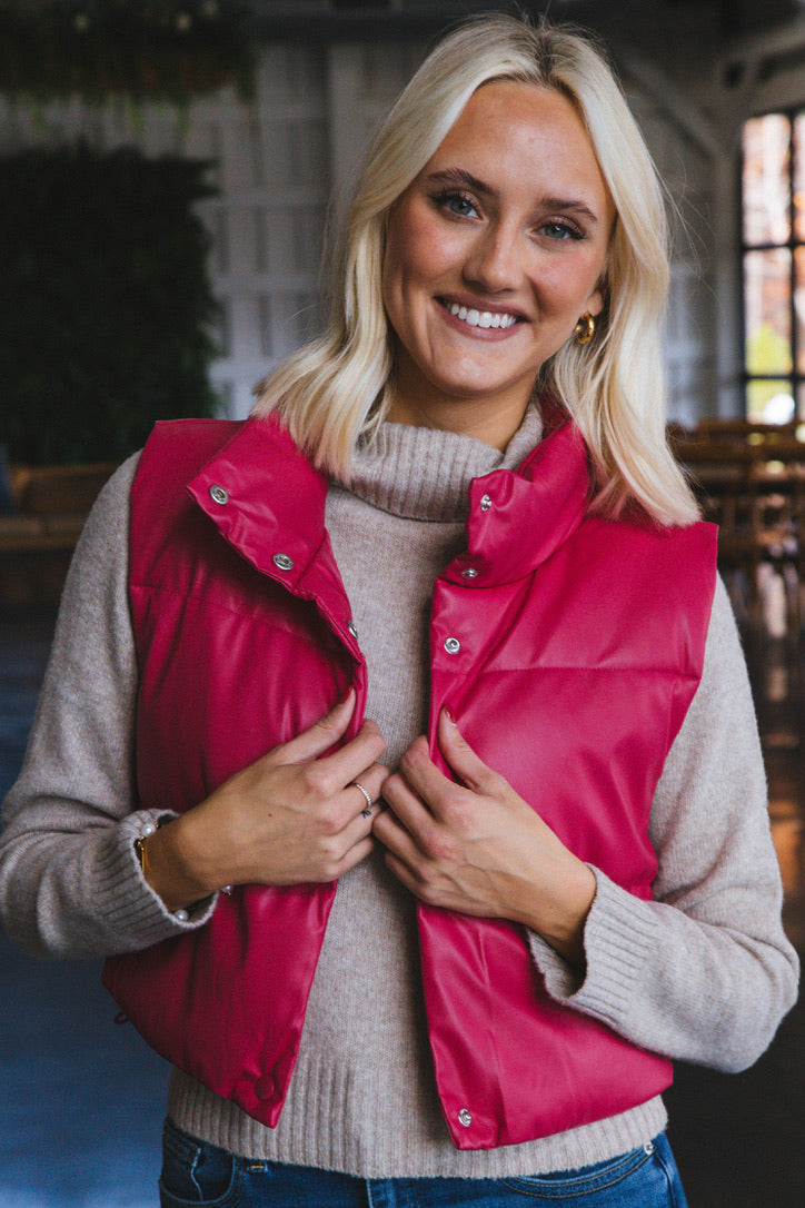 Vivian Faux Leather Cropped Puffer Vest, Fuchsia