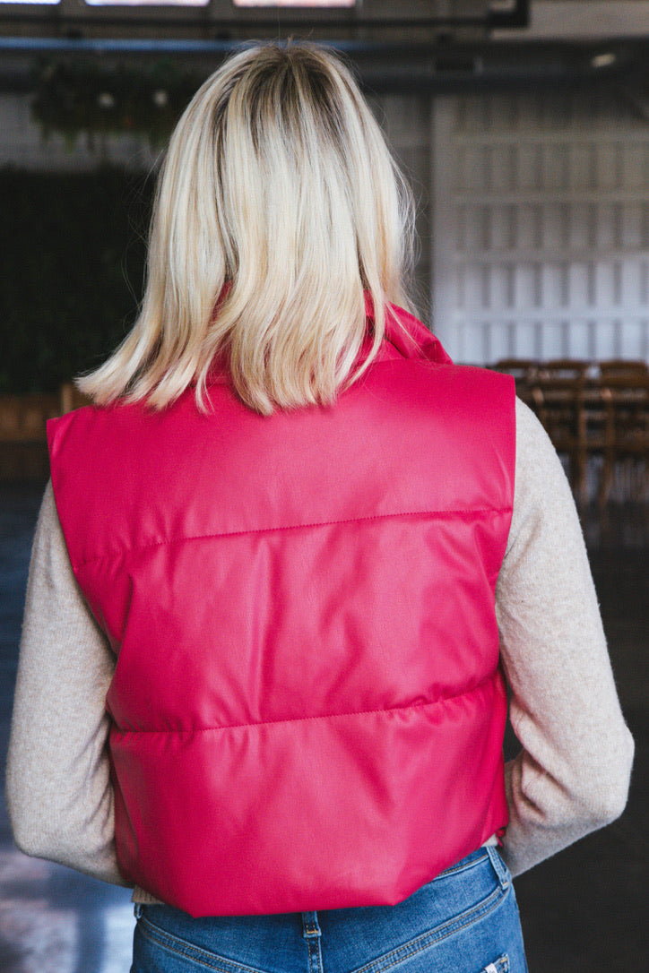 Vivian Faux Leather Cropped Puffer Vest, Fuchsia