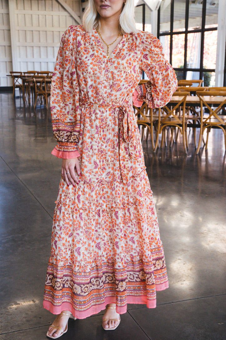 Lata Border Print Maxi Dress, Ivory/Orange