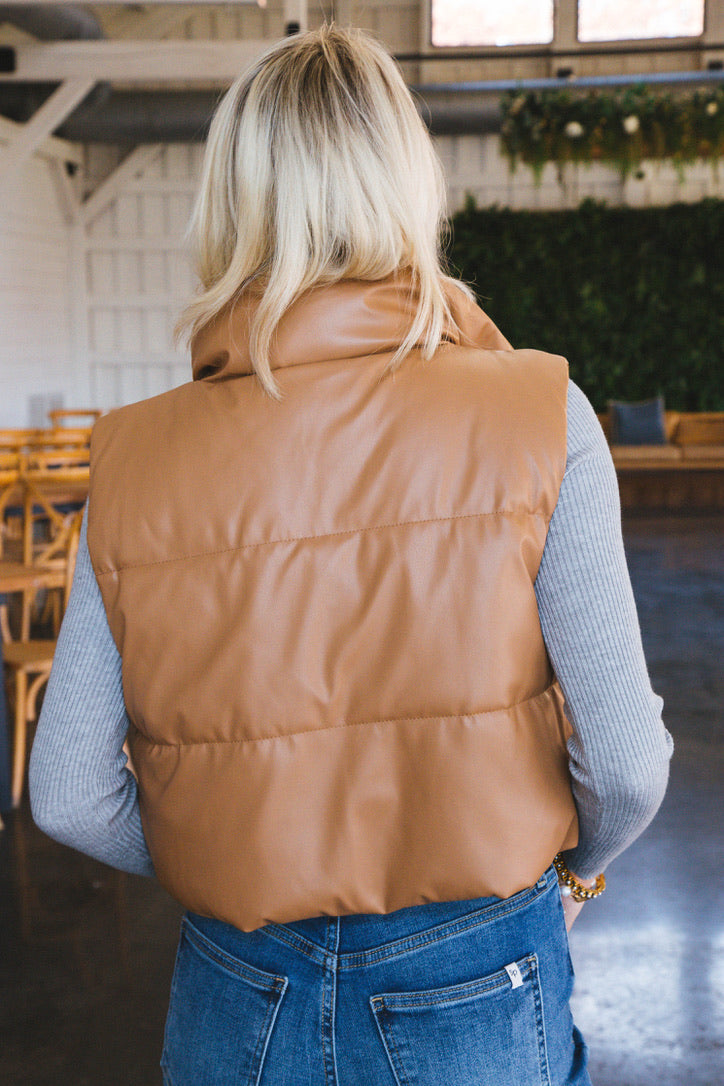 Vivian Faux Leather Cropped Puffer Vest, Camel