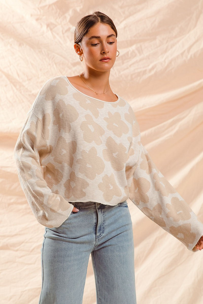 Shiloh Loose Fit Flower Sweater, Oatmeal/Ivory