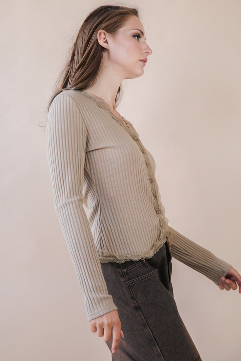 Kendra Lace Trim Knit Top, Taupe