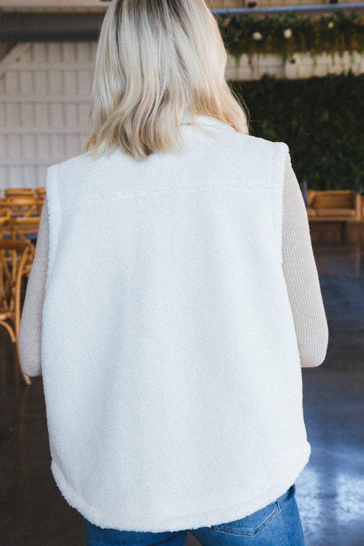 Lia Sherpa Fleece Button Down Vest, Cream