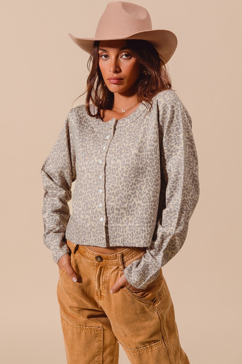 April Leopard Sweater Cardigan, Vintage Oatmeal