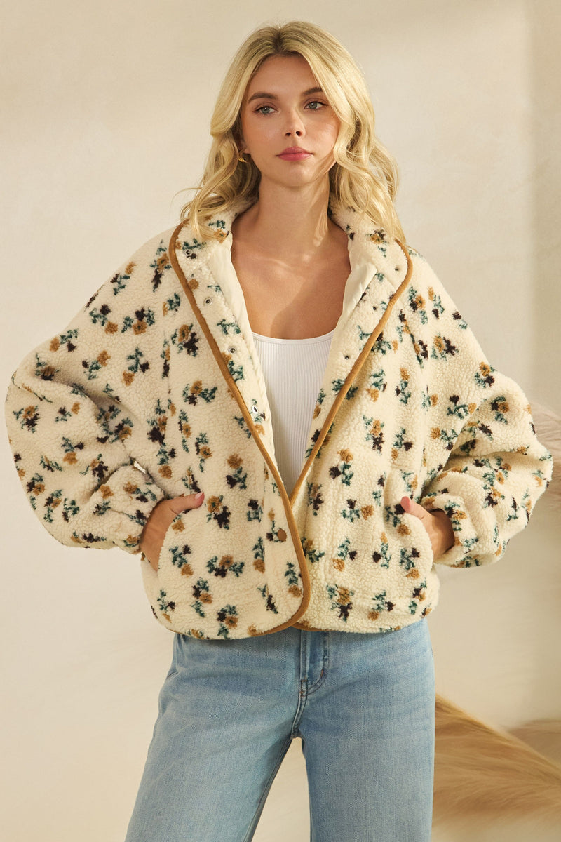 Flora Printed Sherpa Jacket, Brown
