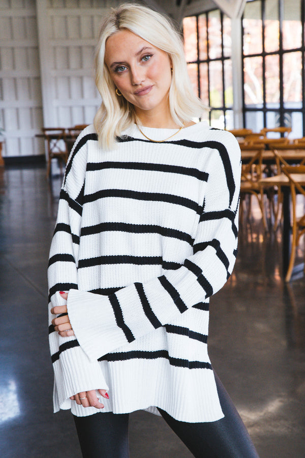 Stroll in the Snow Stripe Tunic Sweater, Black Stripe | Sanctuary