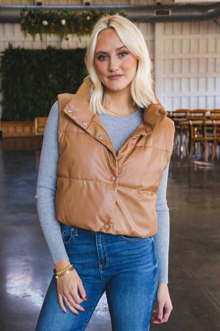 Vivian Faux Leather Cropped Puffer Vest, Camel