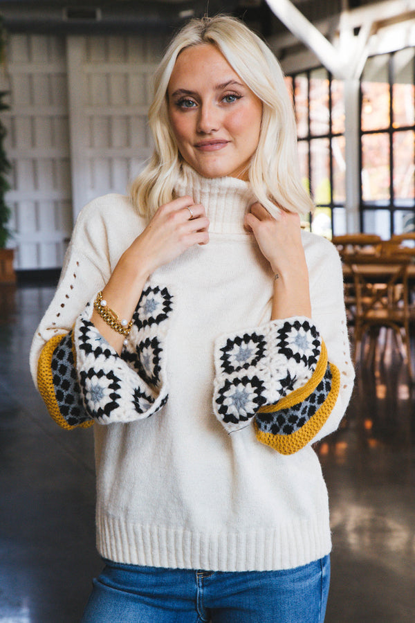 Lina Crochet Sleeve Turtleneck Sweater, Ivory