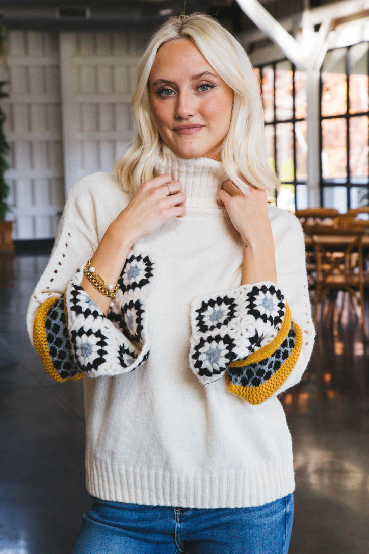 Lina Crochet Sleeve Turtleneck Sweater, Ivory