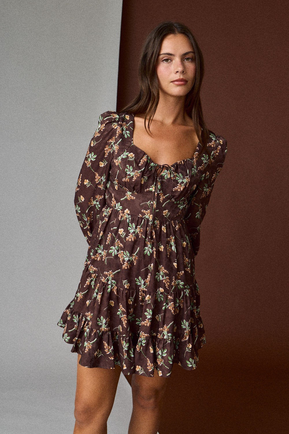 Tiff Floral Mini Dress, Brown L / Brown Tiff Floral Mini Dress, Brown L / Brown